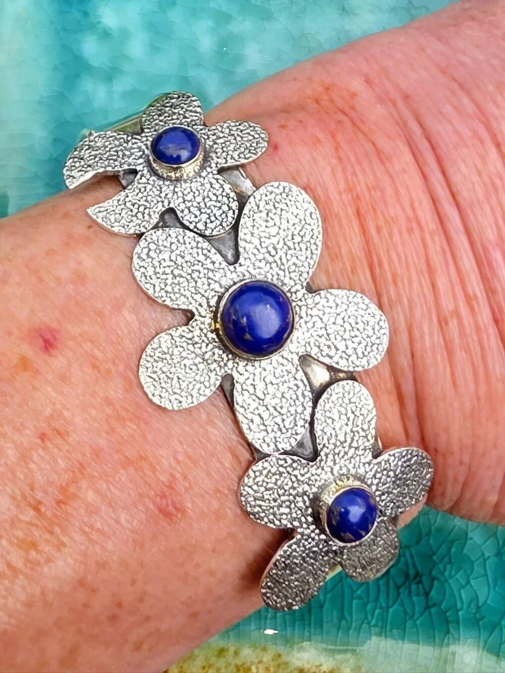 Lapis Lazuli Gemstone Cuff Bracelet In 925 Sterling Silver (Adjustable)